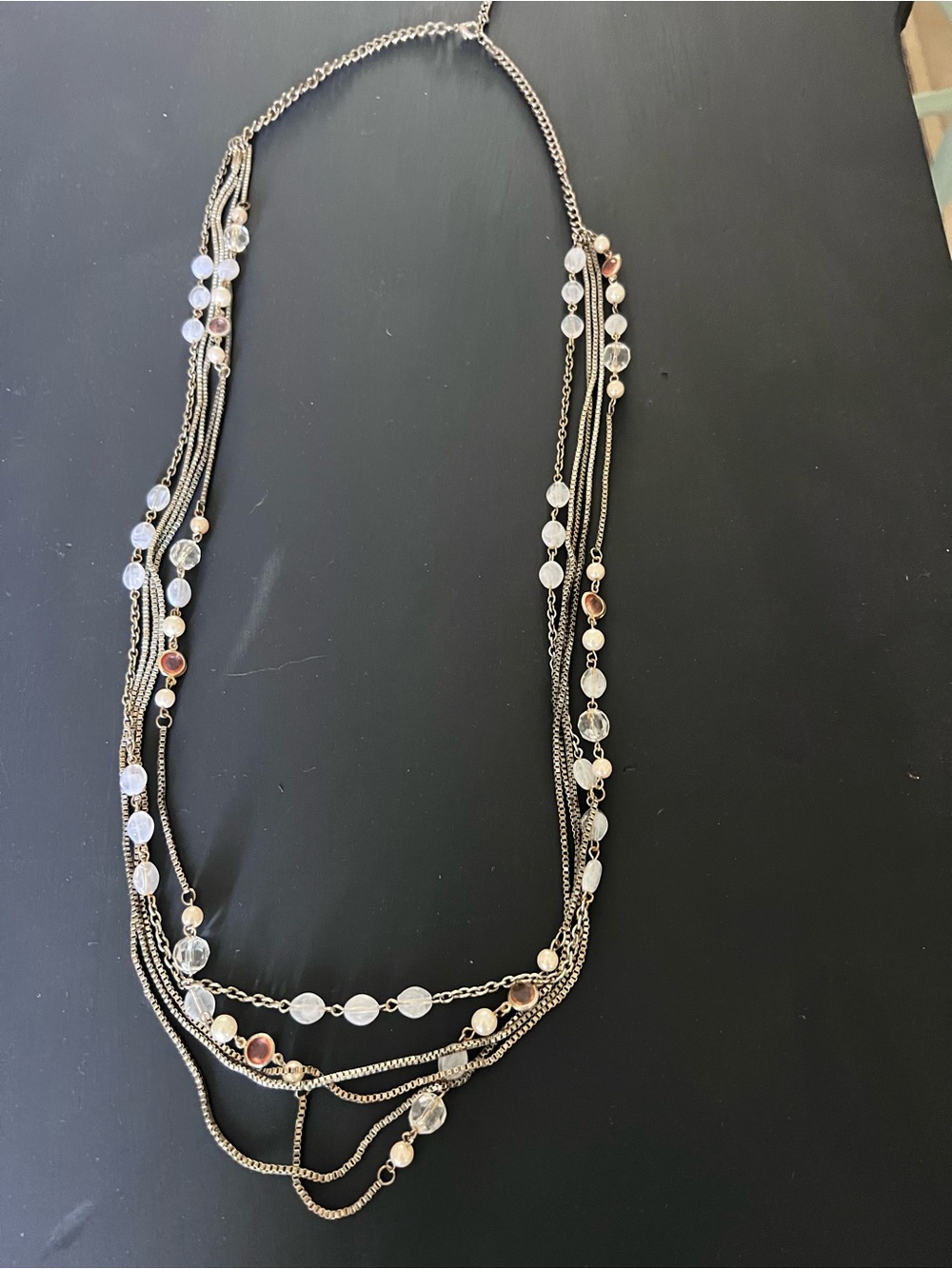 Layered Multi-Strand Gold Necklace with Clear and Rose Beads